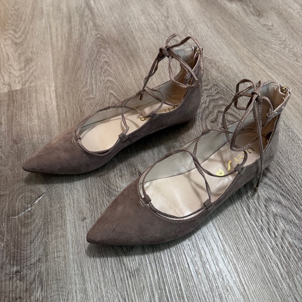 Unisa Lace Up Tie Pointed Ballet Flats Beige Suede 9 - Picture 4 of 9